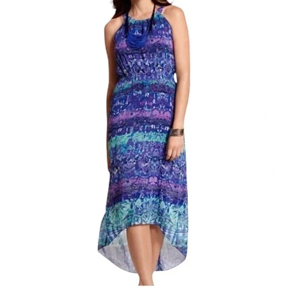 Chico's Blue Purple Watercolor High Low Halter Maxi Dress